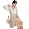 Gentle Wind V-neck Lace-up Long-sleeved Dress Women's Summer New French Temperament Thin Fungus Edge Little White Skirt