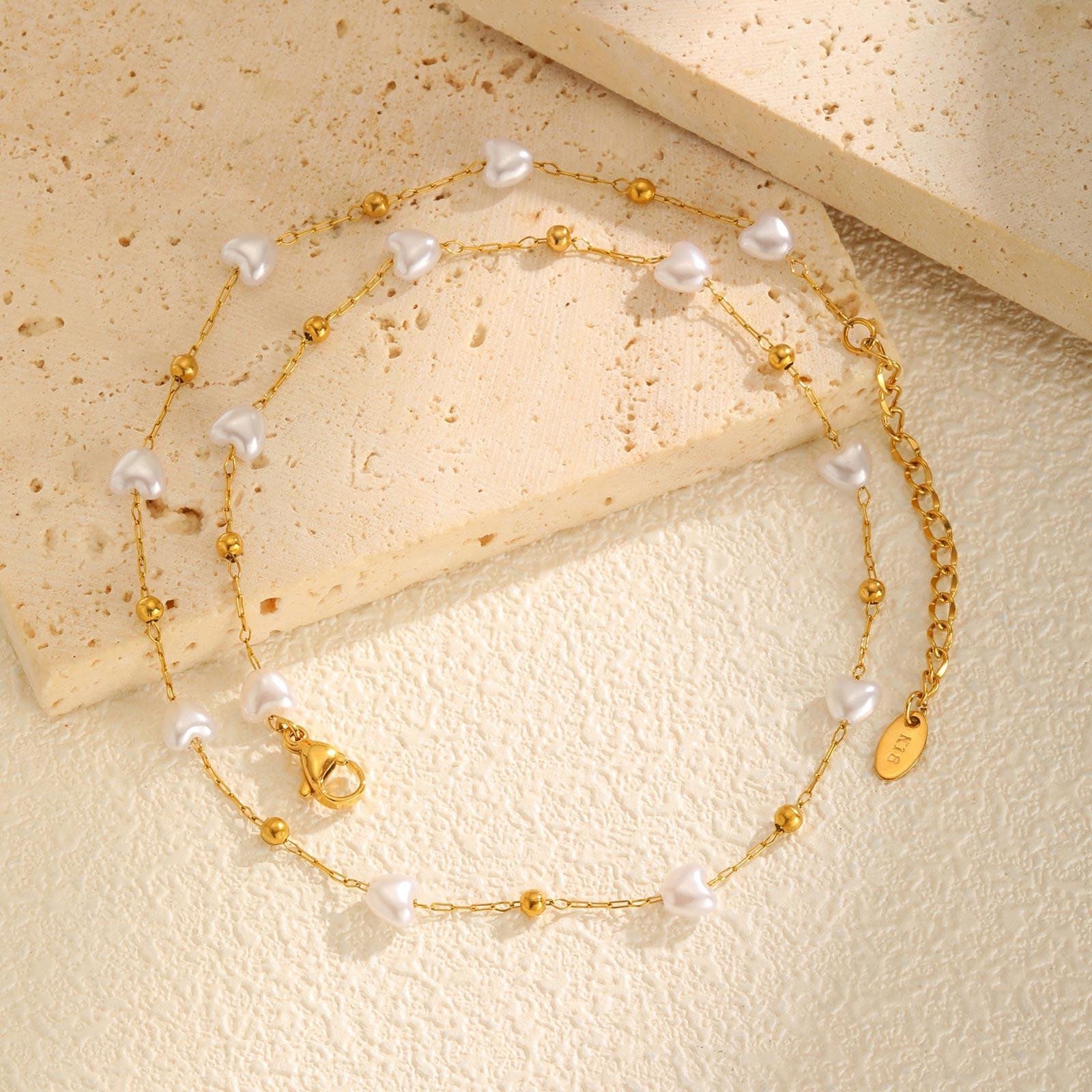 

Heart Imitation Pearl Clavicle Chain Necklace, Stainless Steel Beaded Necklace Retro Elegant Jewelry For Women Girlfriend Gift 45cm