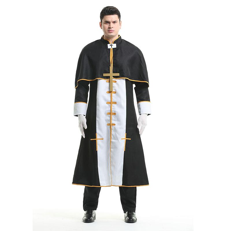 CosplayCosplay Sacerdote, Sacerdote romano, vestito nero da festa, costume di Halloween da uomo cosplay professionale