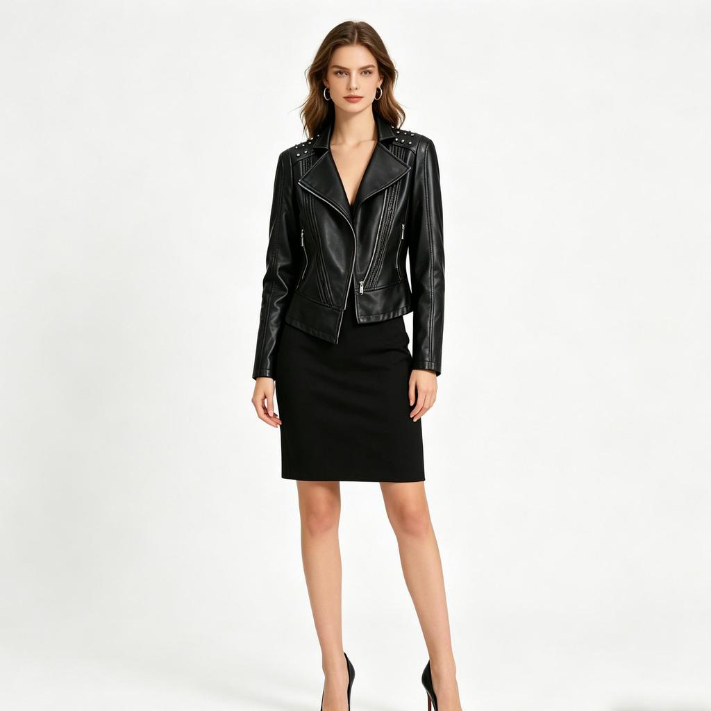 Damen Cool Edgy Nieten Motorrad PU-Lederjacke, Schräger Reißverschluss, Reverskragen, Slim Fit Punk Style Kurze Jacke für Frühling/Herbst