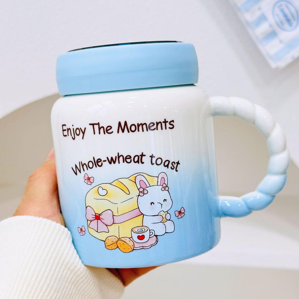 Little Rabbit Cartoon Ceramic Cup with Lid for Girls with High Temperature Mug Cute Creative Water Cup Office Gift Cup