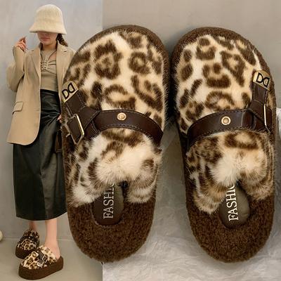 2025 Autumn and Winter Korean Version of High-end Home Office Leopard Print Thick-bottomed Belt Buckle Bag Head One-word Fluffy Cotton Slippers Women