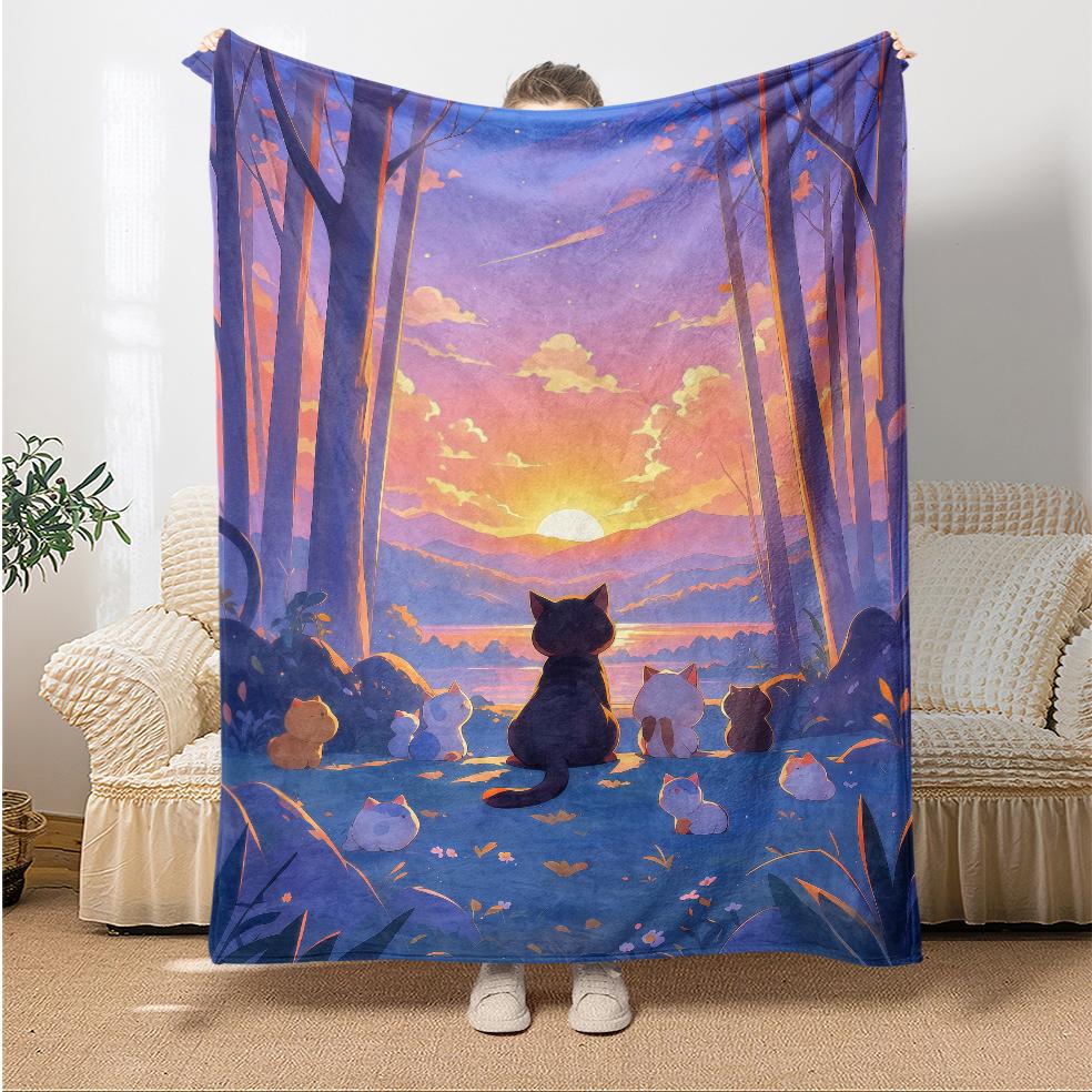 Cute Cat Watching Sunset Forest Flannel Blanket Soft Cozy Throw Blanket for Bed Sofa Couch Office Home Decor Customizable