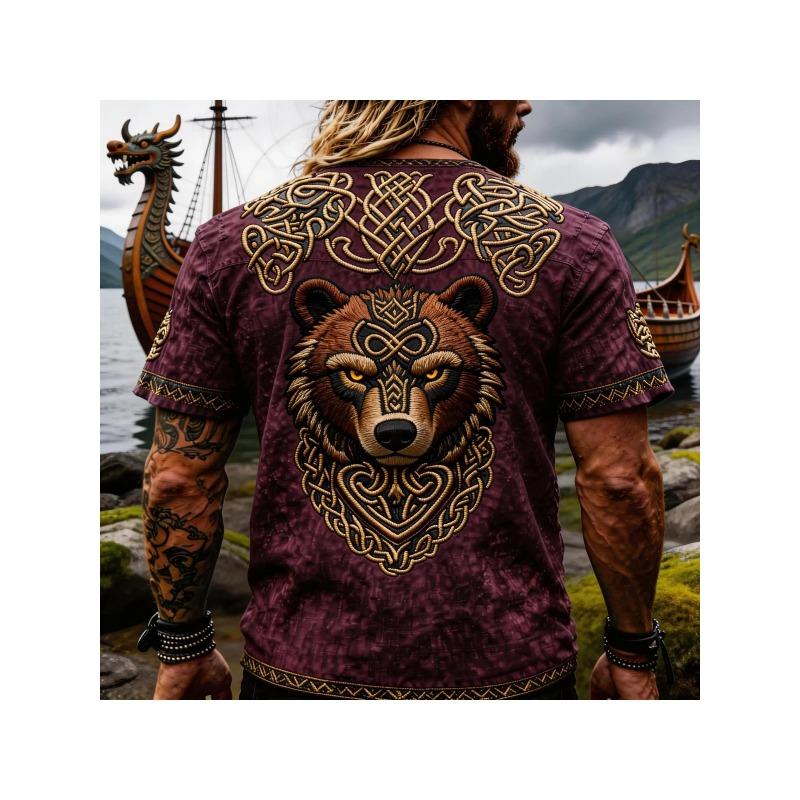 T-shirt Uomo Estiva 2026 Stile Retro Street Usurata con Orso Vichingo, Nodo Celtico, Stampa 3D, Maniche Corte Ampie Girocollo