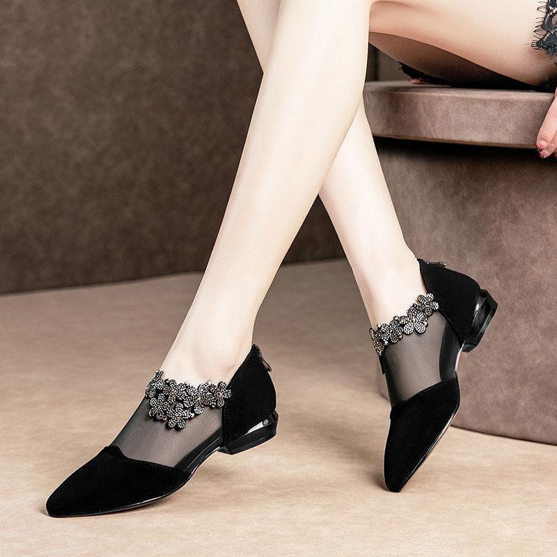 Single shoes women's flat bottom hollow flat heel sandals women's summer new baotou rhinestone matte large size women's shoes tide
