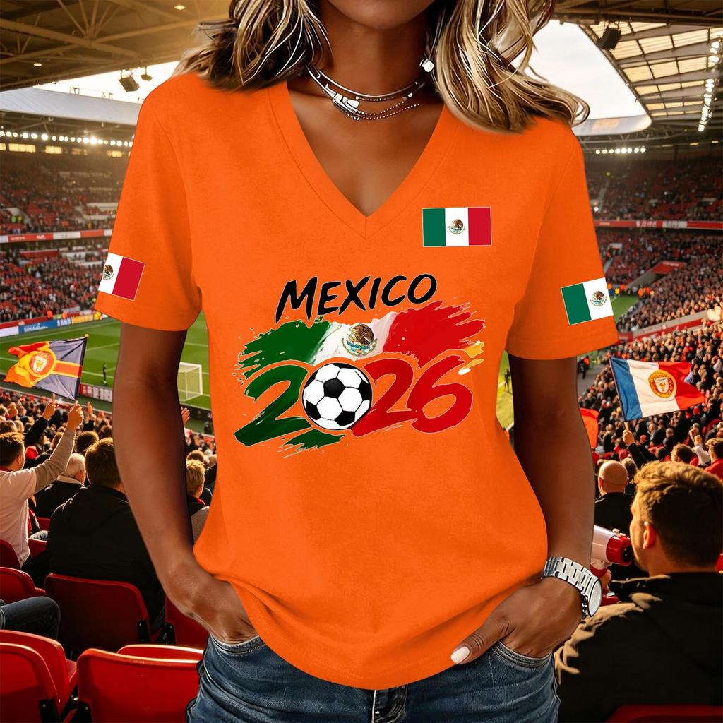 Women's Casual Short Sleeve V Neck Pullover Top Soccer Graphic Print National Flag Support Shirt for Outdoor Activities and Sports