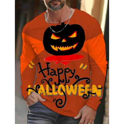 Autumn and Winter Men's Long Sleeve Halloween 3D Printed Pumpkin Print T-Shirt Men's Streetwear Round Neck Long Sleeve