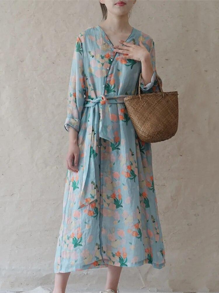 Johnature Dámské vintage šaty s květinovým potiskem a bandážovým efektem, s výstřihem do V a dlouhým rukávem, vysoce kvalitní róby, jarní knoflíkové šaty