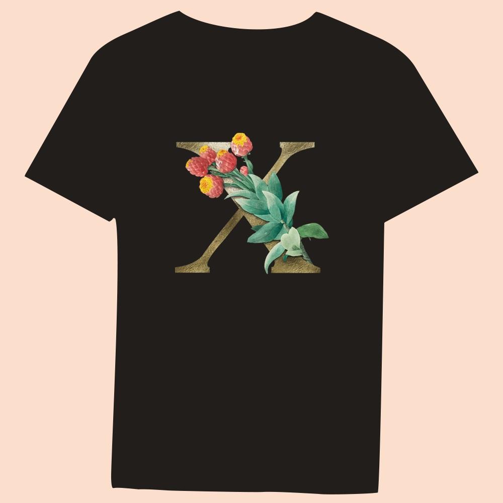 Gold Flower Letter 3D Printing Series Women's Black T-shirt Casual Large Top