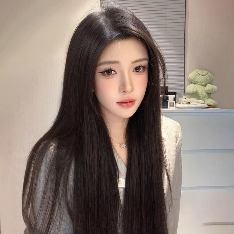 Forehead lace medium point eight-character bangs wig women's full head cover Muse black long straight simulation natural age reduction wig