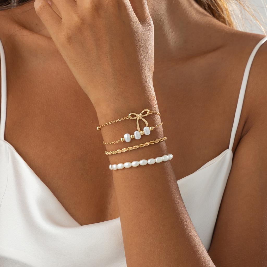 Sweet And Cool Style Ribbon Bow Bracelet, Temperament Love Imitation Pearl Star Stacked Wearing Jewelry Women