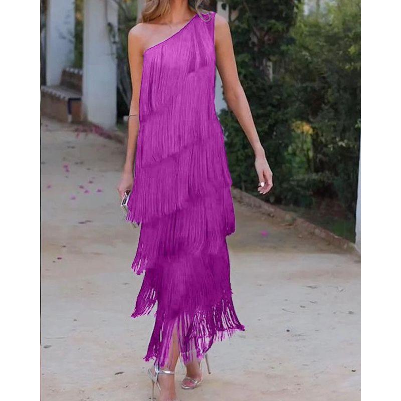 

Choker Evening Gown New Arrival Export Women s Fashion Tassel Shoulder Asymmetric Dress Evening Dress Purple S