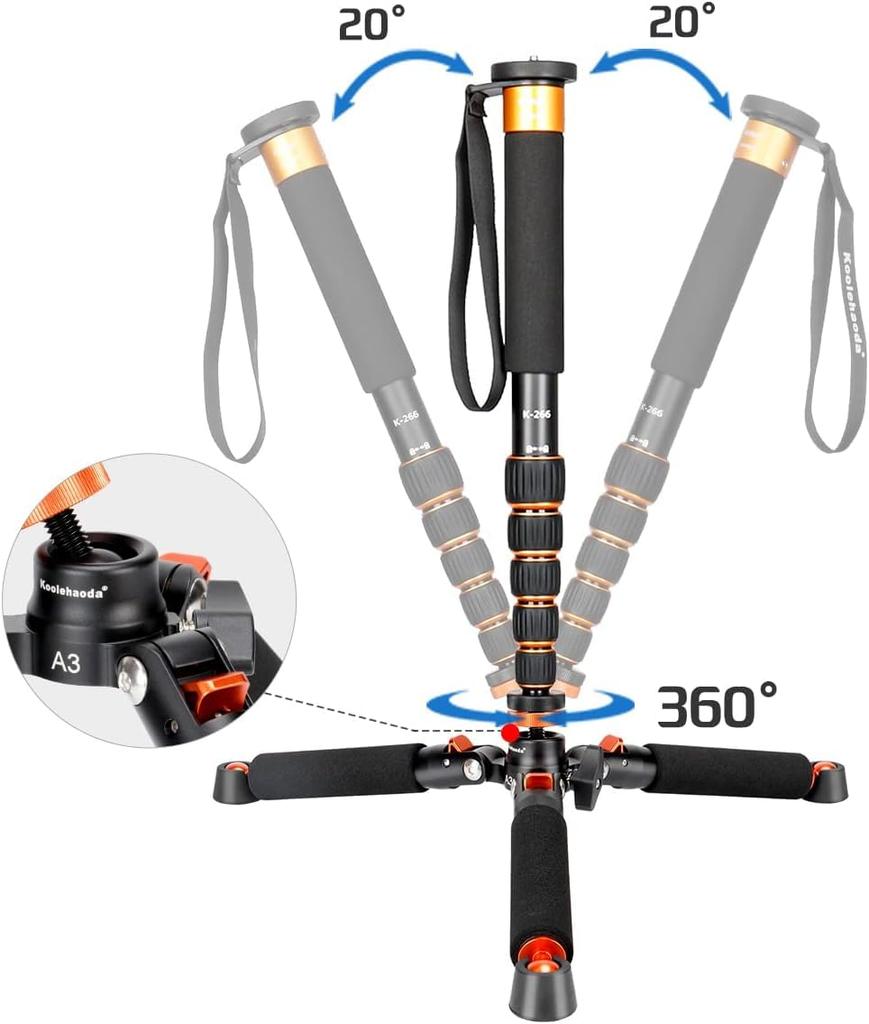 Koolehaoda Camera Monopod with Detachable Tripod Aluminum 6 Levels of Telescopic Inches 177 Leg Diameter Inches Load Capacity Lbs 360 Degree Panorama