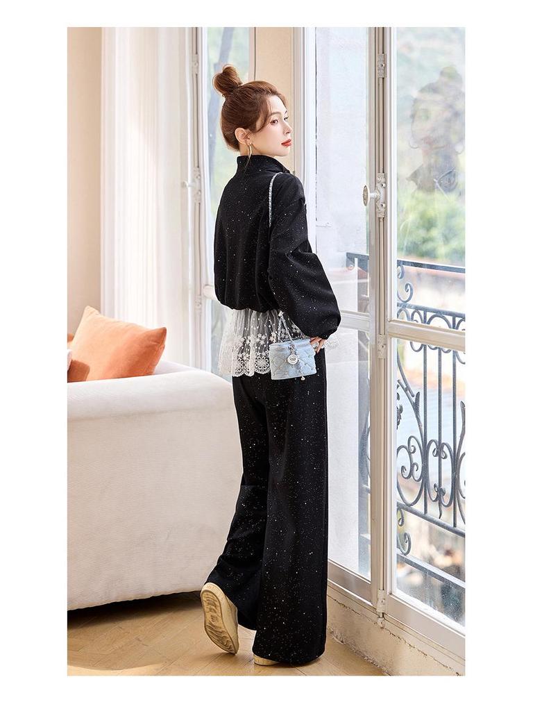 2025 Spring Fashion Lace-Trim Jacket & Wide-Leg Pants Set RX9210