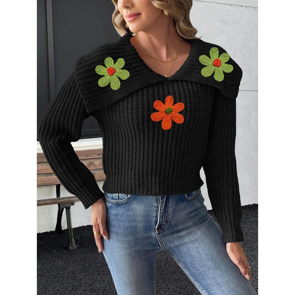 Women’s Cropped Top, Woven Knit, Large Lapel, Embroidered Floral Patchwork Pullover