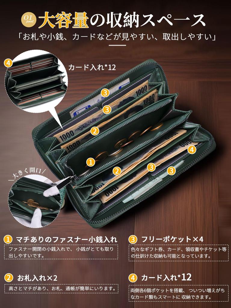 GSG Long Carbon Coin Card Popular Genuine Large Round Gift Men's Wallet, Leather, Purse, Case, Leather, Capacity, Zipper, (22043/Green (Carbon