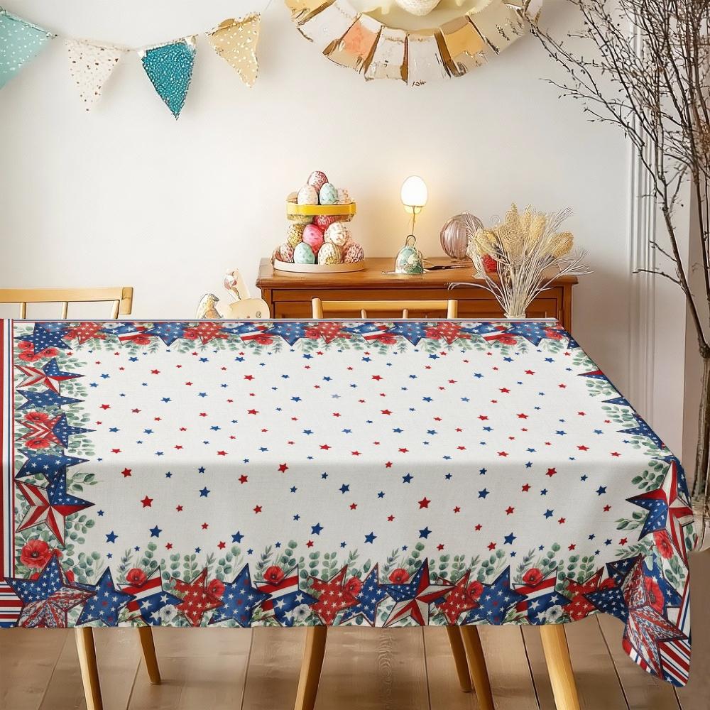 Independence Day Flower Wreath Waterproof Rectangular Tablecloth Red Blue Flower Star USA Flag Tables Cover for Dinner Kitchen
