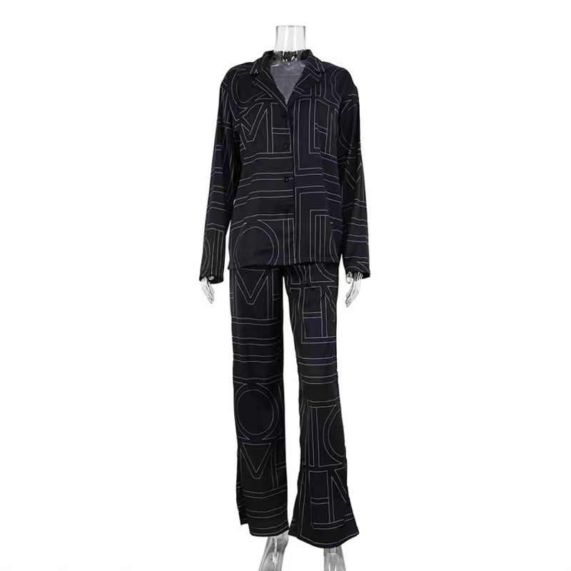 

European and American Letters Print Long sleeve Lapel Shirts Trousers Set Printed Shirt and Pants Set Black L