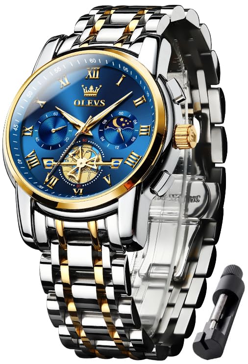 

OLEVS Стильный хронограф Популярный бренд для водонепроницаемых кварцевых наручных часов Мужские часы, Деловые, Большие, Легко читаемые аналоговые, (синий) синий