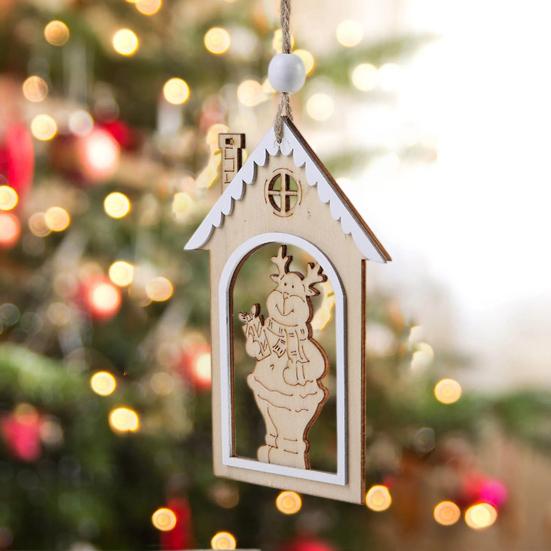 Reusable Festive Home Decor Wooden Christmas House Snowman/Reindeer Hanging Ornament, DIY Xmas Pendant with Nordic Style Tree Pendants Hemp