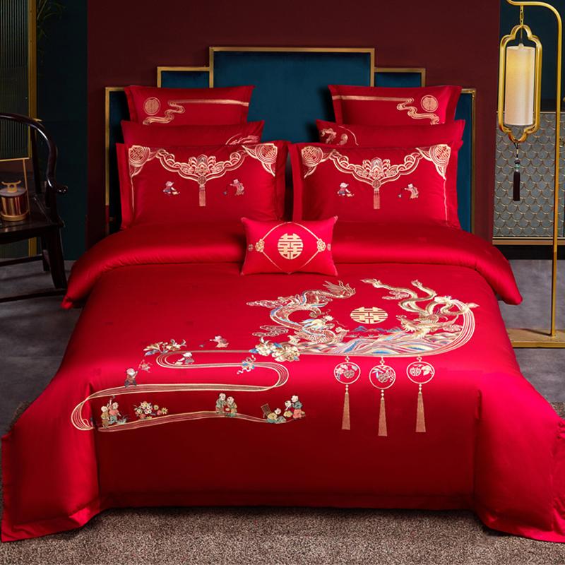 Comforter 100/140Ct Long-Staple Cotton Chinese-Style Wedding Festive 4-Pcs A Witness To Marriage And Love Home Decoration