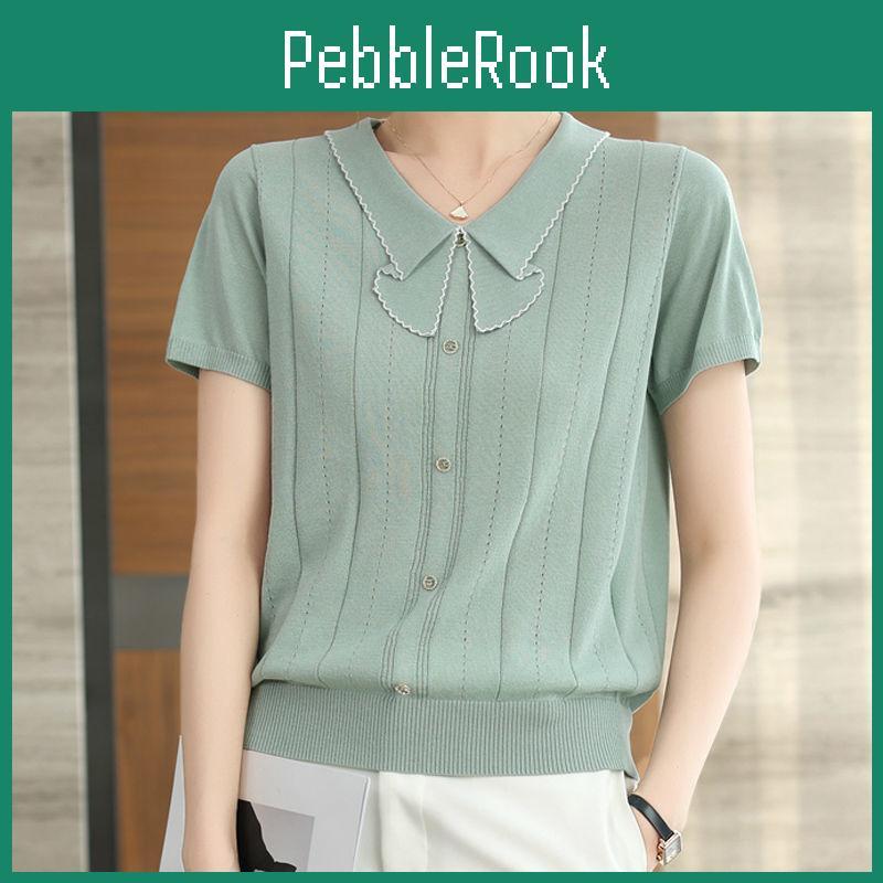 Summer Tshirt Ice Silk Womens Short Sleeve Young Mom Summer Style Knitted Thin Collar Top