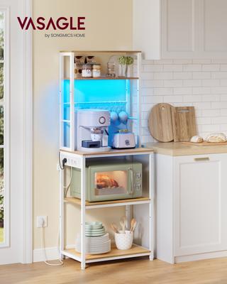 KKS049YA01 Kitchen Shelf with LED Lighting, Standing Shelf with Sockets, Microwave Shelf with Adjustable Shelves, 8 Hooks, 40 X 60 X 168.4 Cm