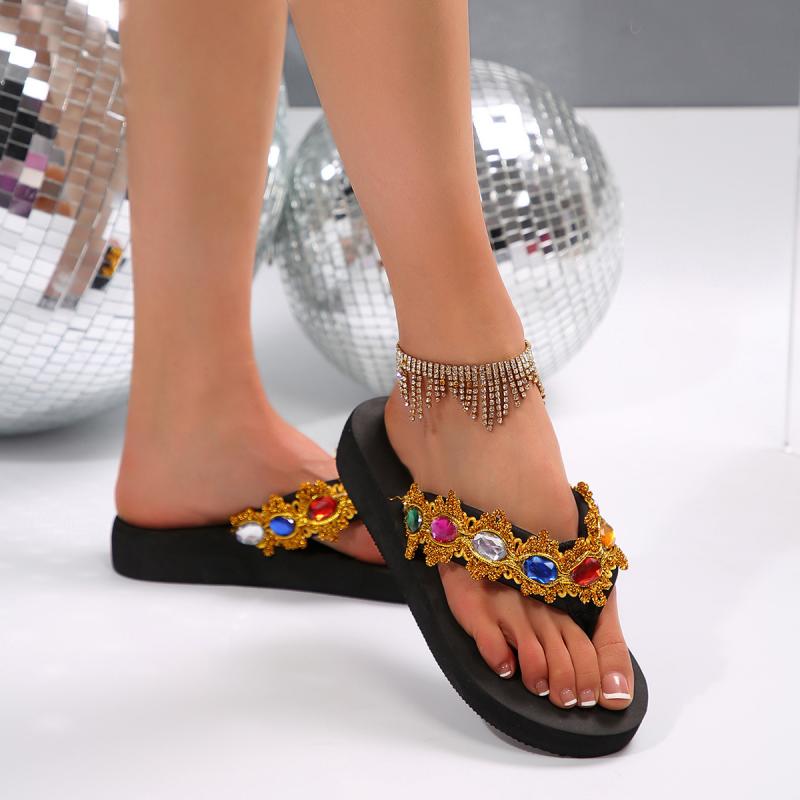 Fashion Luxury Colourful Crystal Decoration Flip Flops Women 2025 Summer Black Wedge Heels Slippers Comfortable Light Weight Sandals