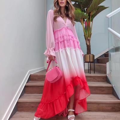 Damen Sommerkleid mit tiefem V-Ausschnitt und langen Ärmeln, Farbverlauf, bedruckt