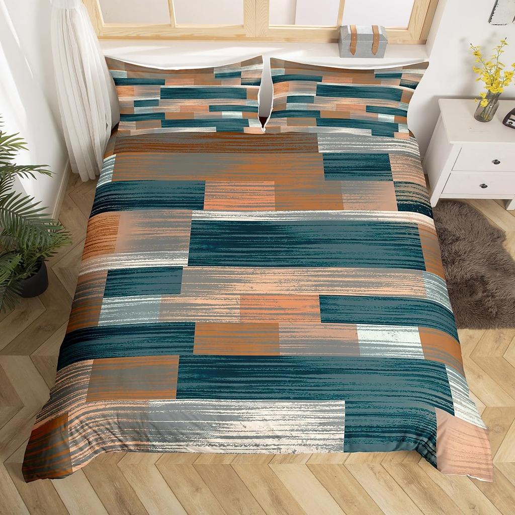 Geometric Bedding Set,Patchwork Plaid Duvet Cover Twin King for Teens Adults,Retro Vintage Comforter Cover,Wooden Plank Bed Set