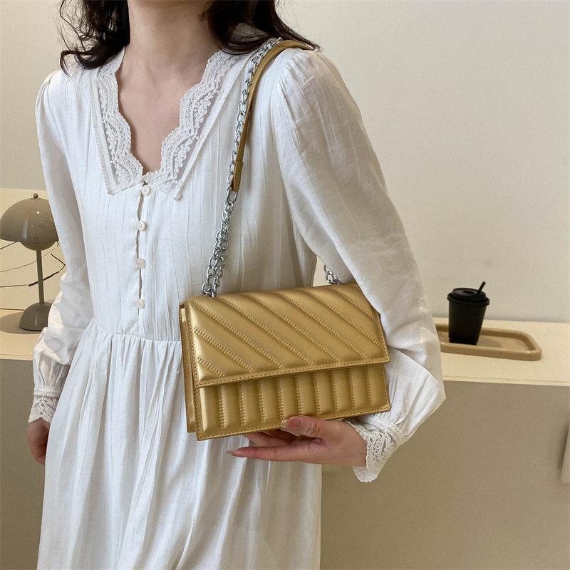 Striped chain bag women's 2025 new retro texture messenger bag trendy solid color fashion embroidery thread shoulder small square bag