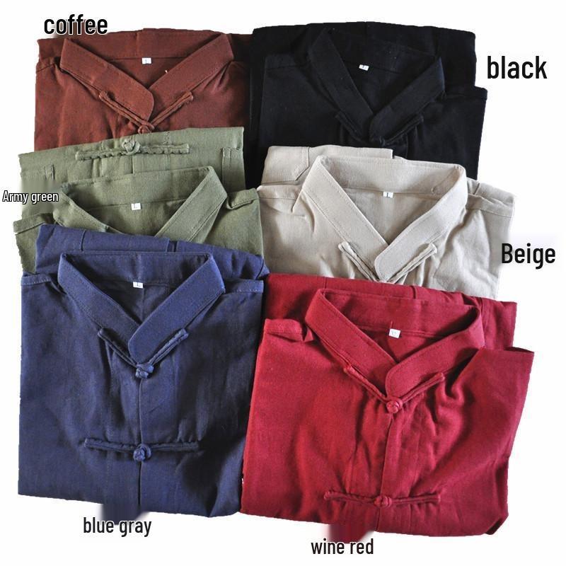 2026 Summer Men's Chinese Style Stand Collar Linen Shirt, Pan Kou Design, Available In 6 Colors