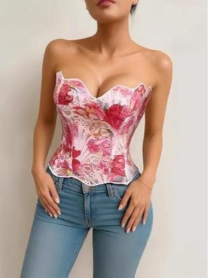 Women's Floral Lace Bustier Bodysuit with Lace-up Waist Cincher