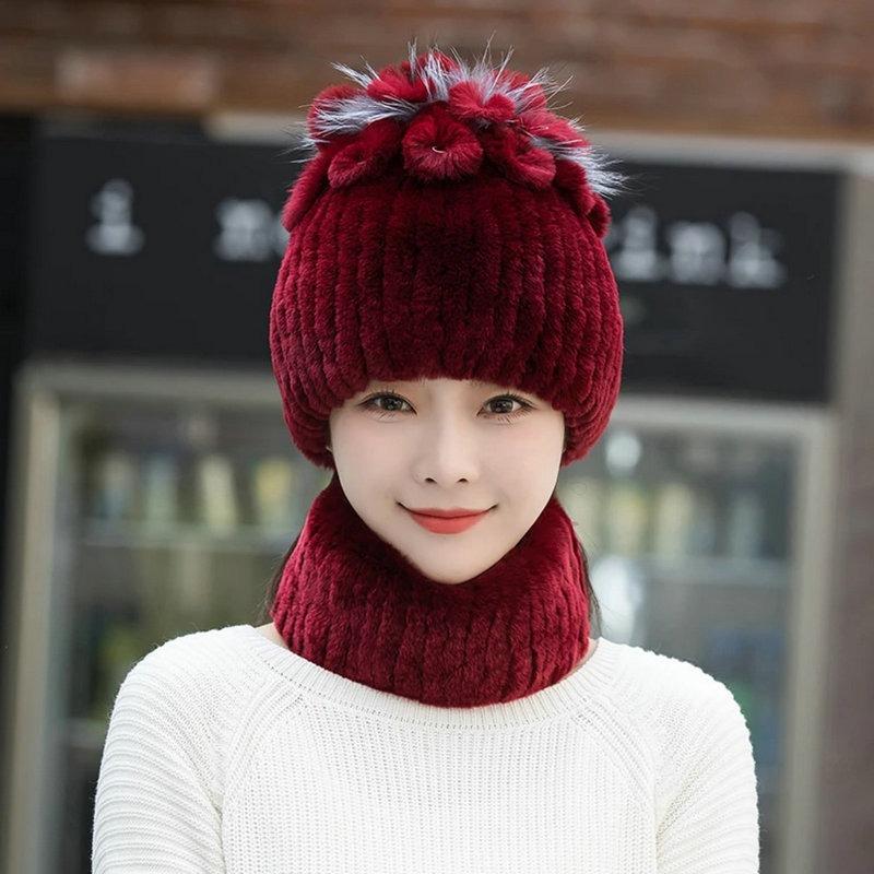 New Rex Rabbit Hair Knitted Hat Women's Autumn and Winter Thickened Ear Protection Warm Elastic Knitted Fur Hat Scarf