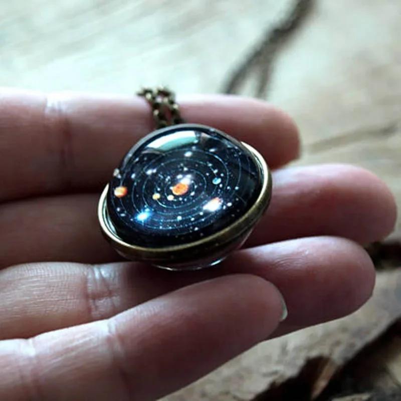 Solar System Universe Space Two-sided Glass Ball Pendant Necklace Popular For Women Men Moon Sun Earth Planet Jewelry