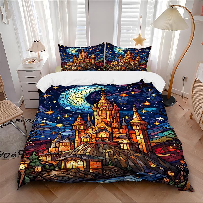 

3pcs bedding set Fantasy Castle Includes 1 Comforter + 2 Pillowcases, Without Pillow Inserts, Soft Comfortable, Lightweight Breathable, Prin 135x200cm