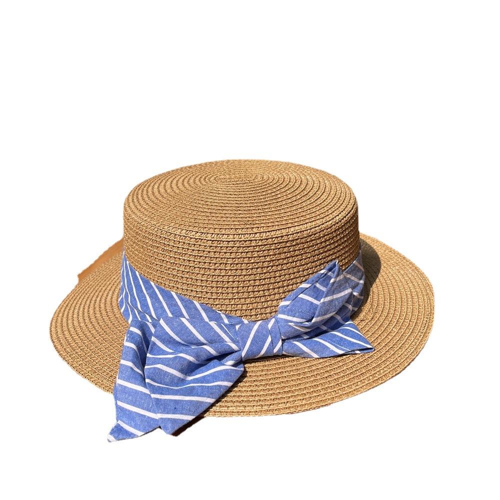 Straw hat woman summer British retro flat top small fresh top hat sunshade sunscreen beach hat travel tide summer