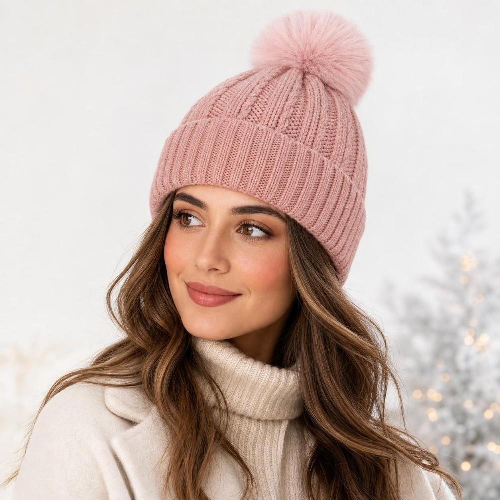 Earmuffs Pullover Cap with Fluffy Ball Beanies Cap Elastic Knitted Hat for Male Female