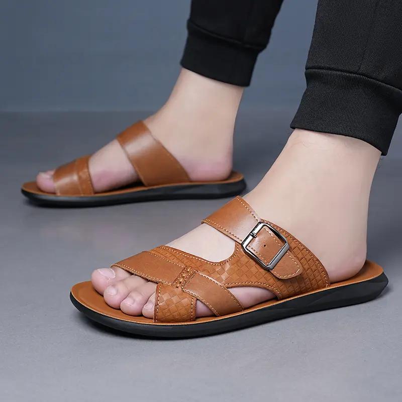 Men's Leather Slide Sandals Adjustable Buckle Casual Non-slip Summer Beach Slippers