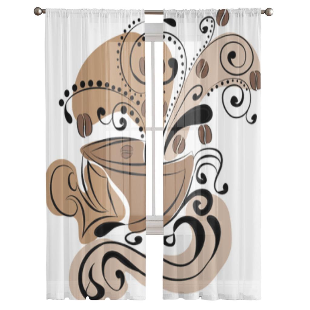 Cup Of Coffee Abstraction Tulle Curtains For Living Room Bedroom Christmas Chiffon Sheer Voile Kitchen Curtain