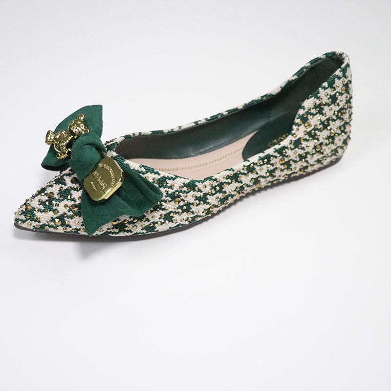 Single Shoes Women's 2025 Spring and Summer New Versatile Pointed Flat-soled Ladyshoes Thousand Bird Grid Bow Shallow Mouth Temperament Soft Sole