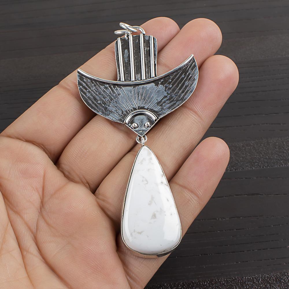 Natural White Howlite Gemstone 925 Sterling Silver Jewelry  Pendant 3.38  AJP-2067