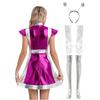 Womens Alien Cosplay Costume Space Fighter Design Metallic Shiny Dress Hair Hoop Long Gloves Stockings