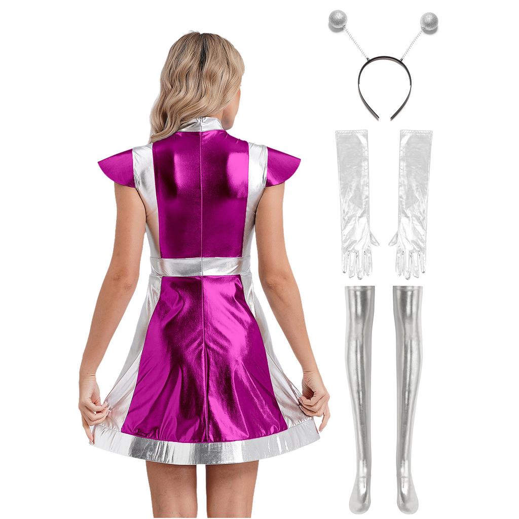 Womens Alien Cosplay Costume Space Fighter Design Metallic Shiny Dress Hair Hoop Long Gloves Stockings