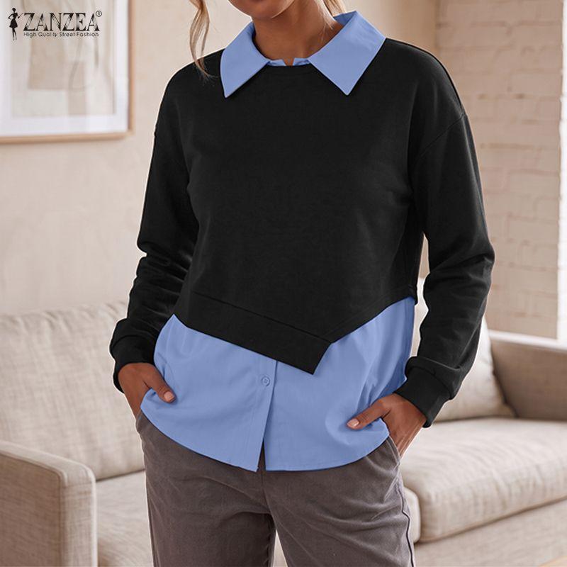 ZANZEA Damen Umlegekragen Langarm Patchwork Pullover Dünnes Sweatshirt