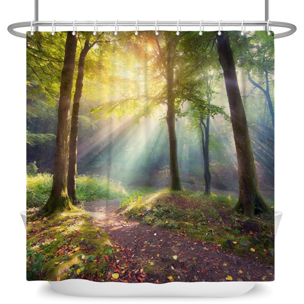 Tropical Forest Shower Curtain Natural Scenery Waterproof Trees Moss Bathroom Partition Screen Bath Curtain Polyester With Hooks