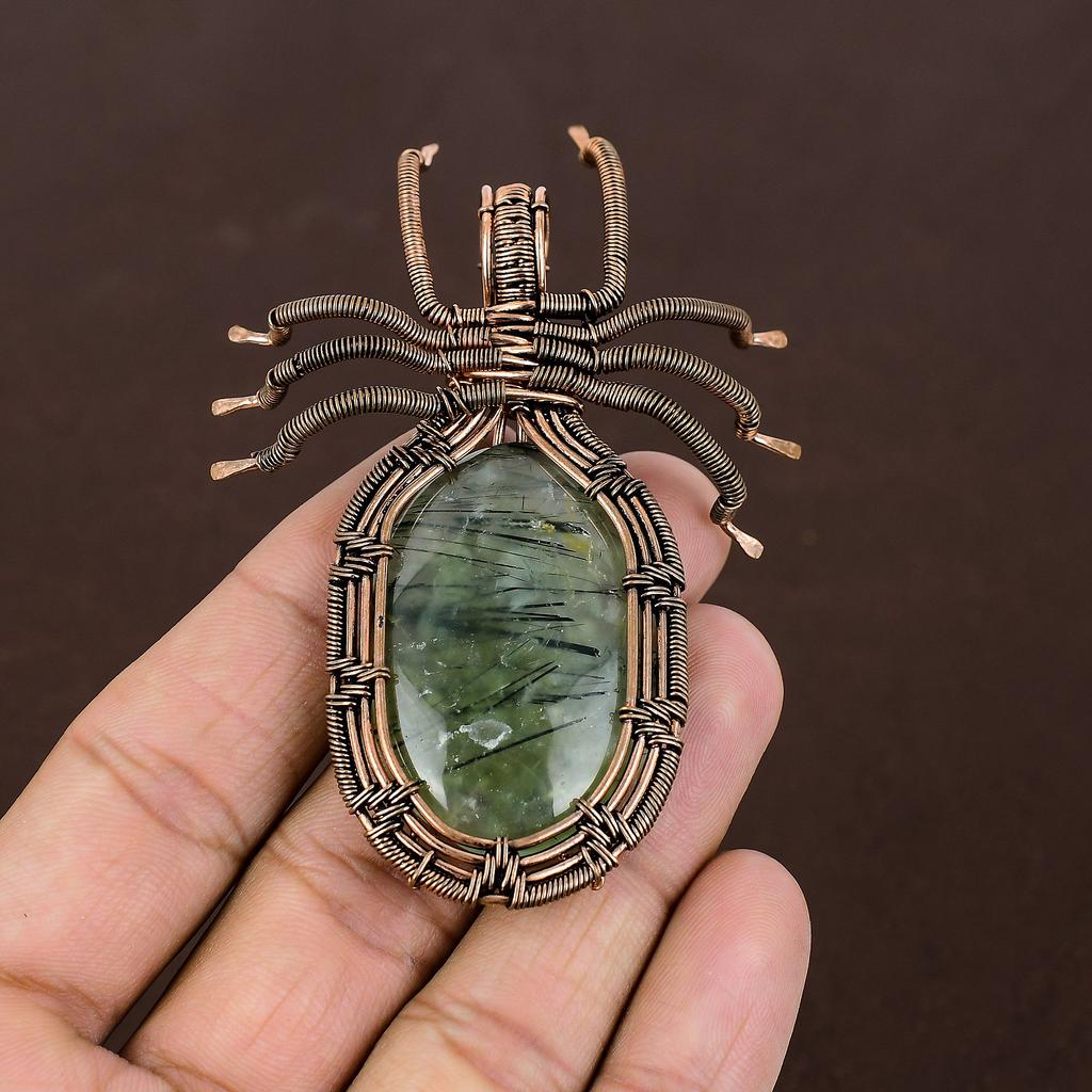 Natural Moss Prehnite Stone Handmade Copper Wire Wrap Spider Pendant 2.56" R6O56