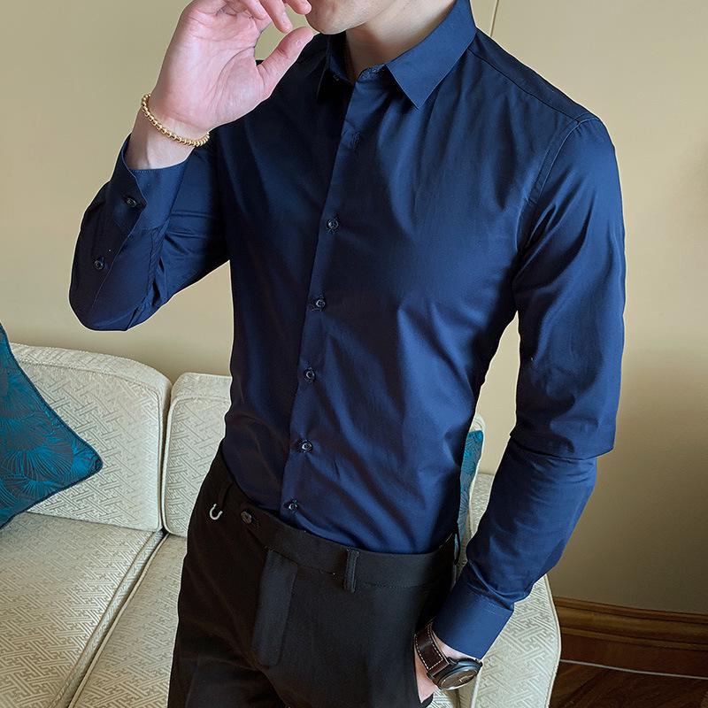 2021 Spring/Autumn Men's Iron-Free Long Sleeve Shirt - Youth Business, Solid Color, Turn-Down Collar.