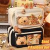 Large Capacity Pencil Bag Cute Capybara Stationery Holder Bag With Brooches Stickers Children Pen Case Animal Zipper Pouch