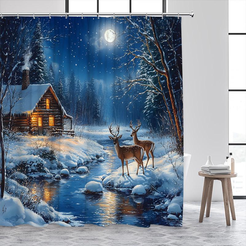 Winter Forest Elk Shower Curtain Snow Whitetail Deer Streams Farmhouse Cedar Christmas Home Bathroom Decor Bath Curtains Set